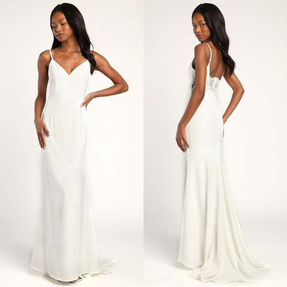 NWOT‎ Lulus Adoring Promise Ivory Satin Lace V-Neck Mermaid Dress - Picture 1 of 10